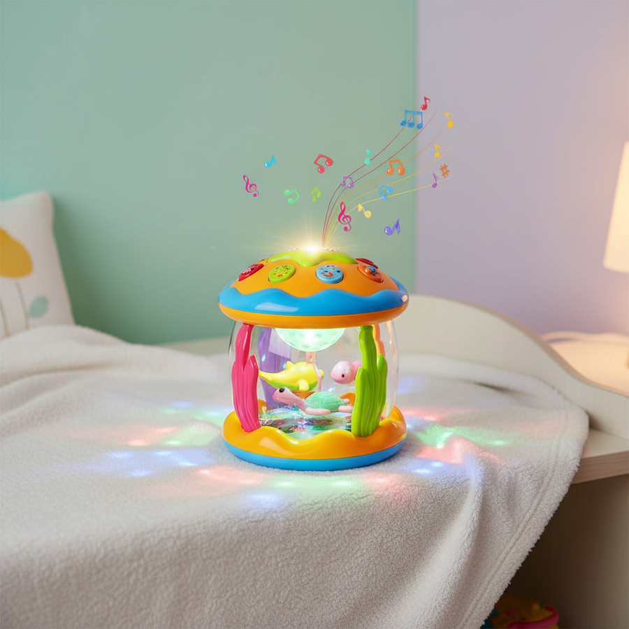 Musical night light for babies glowing in a nursery