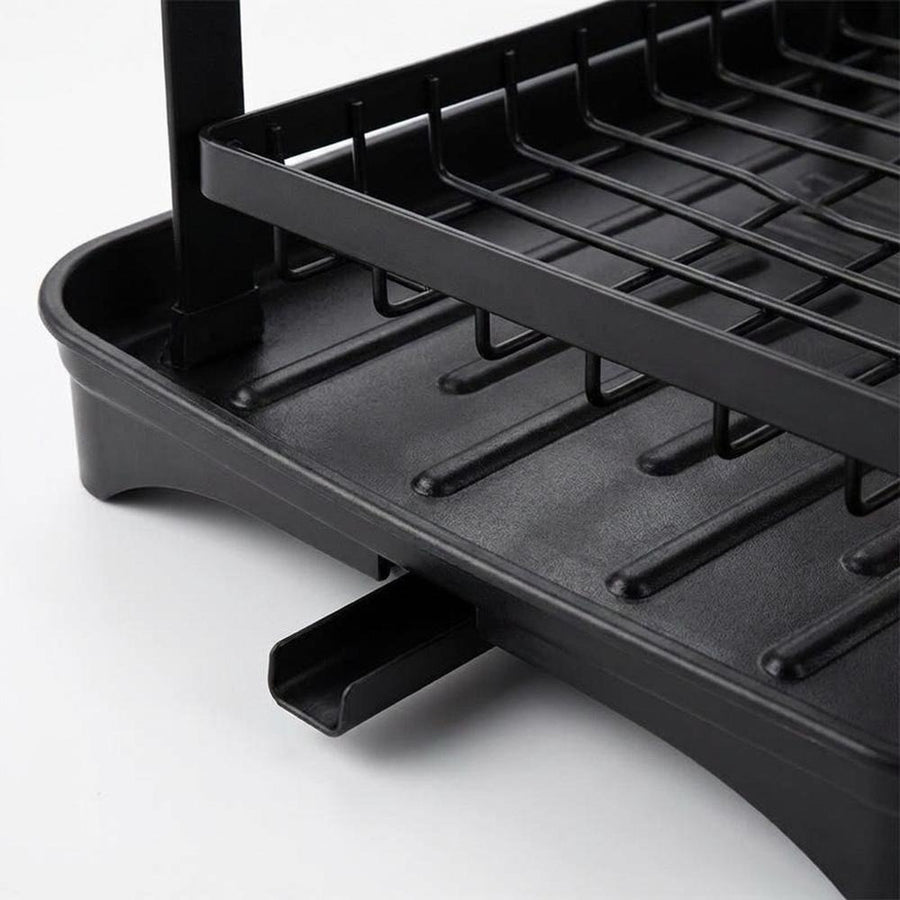 Close-up of the black drip tray drainage channels and spout