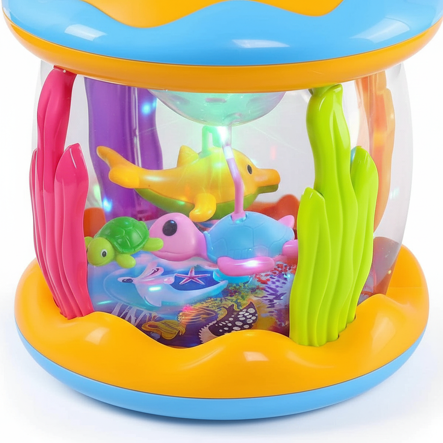 Close-up of rotating sea animals inside the musical night light