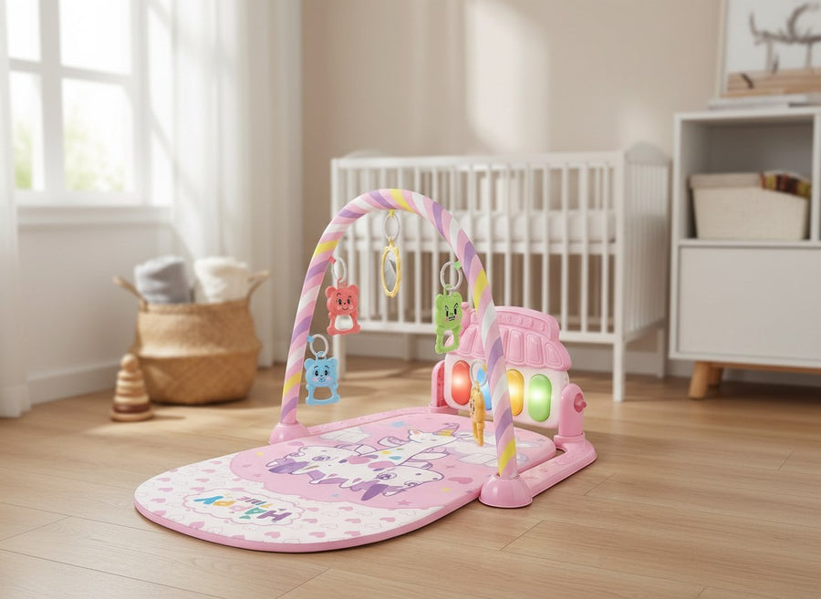 Baby kick piano activity gym in a Scandinavian-style nursery