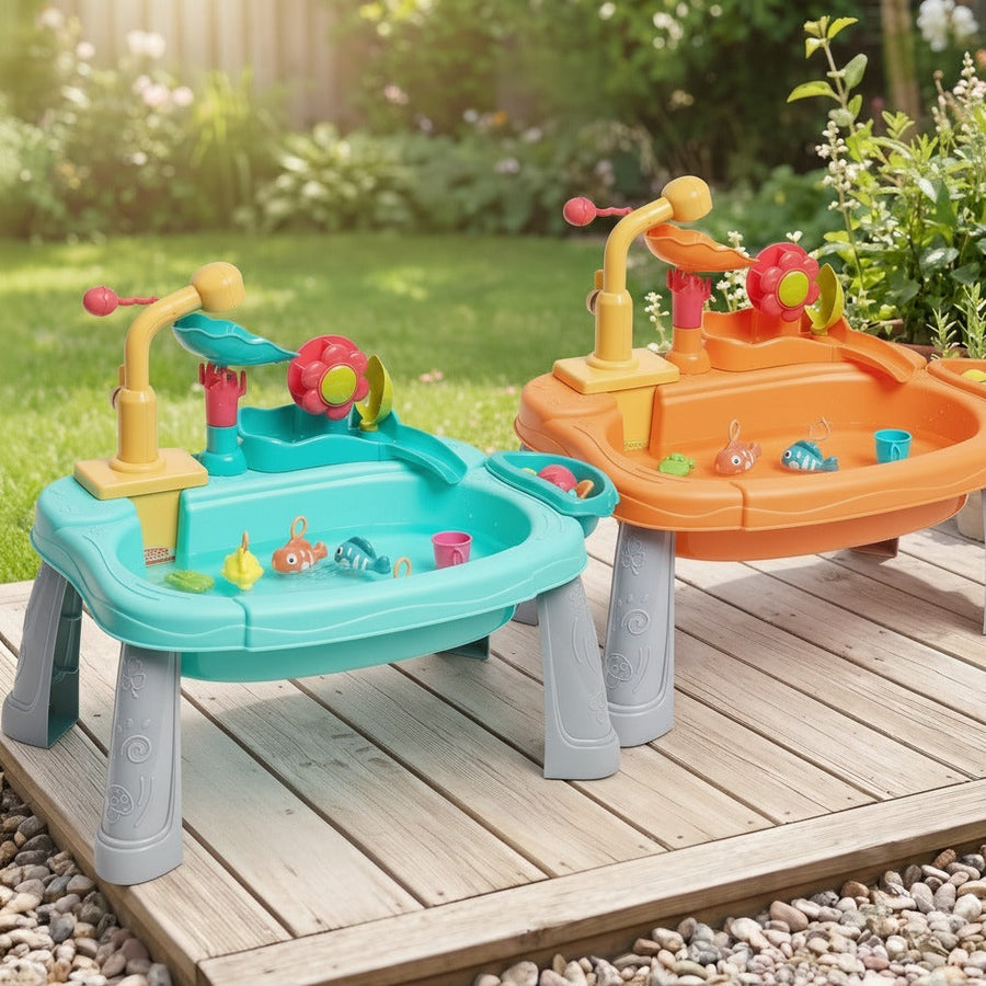 Kids' water play kitchen shown in green and orange versions