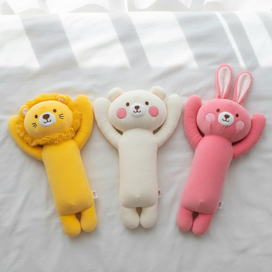 Three cuddle companion designs: lion, bear, and rabbit