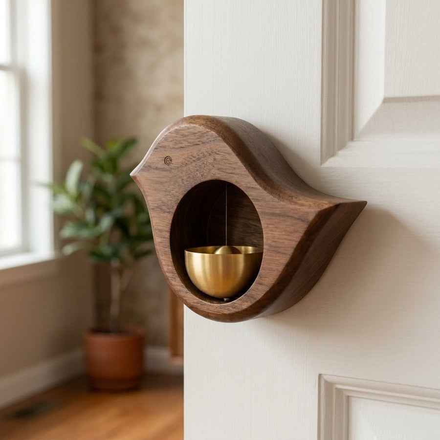 Bird-shaped walnut door chime on a white door
