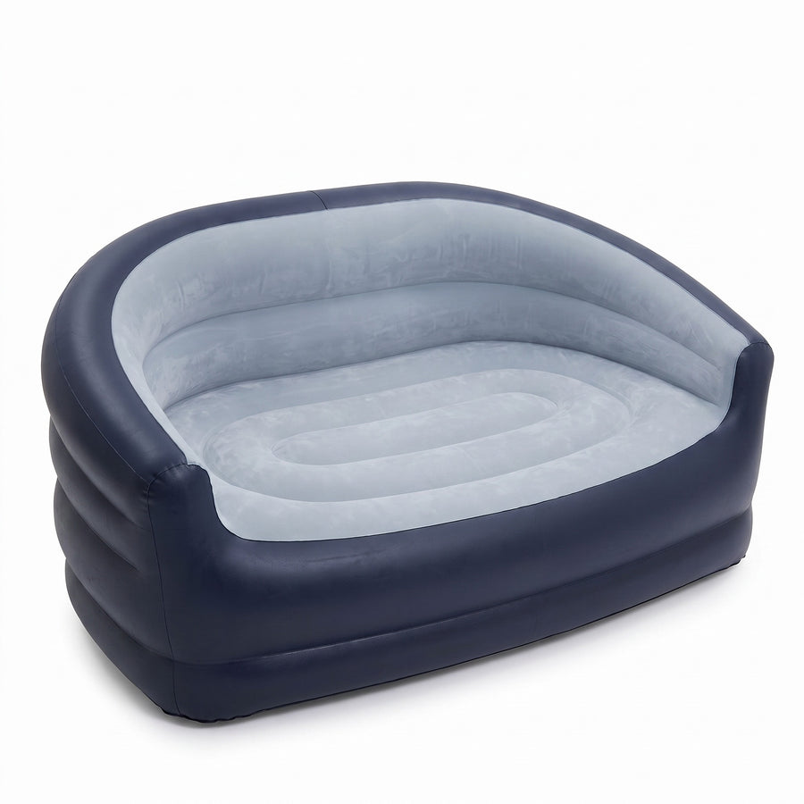 Inflatable double sofa in navy blue on white background