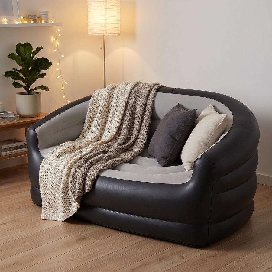 Gray inflatable sofa in cozy Scandinavian living room with blanket