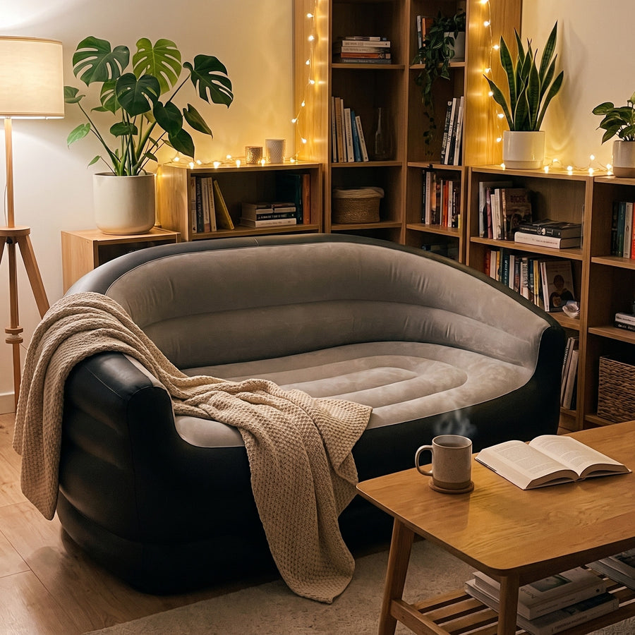 Inflatable sofa in lived-in apartment corner with coffee and book
