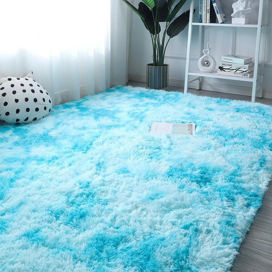 Sky blue gradient shag rug in bright living room