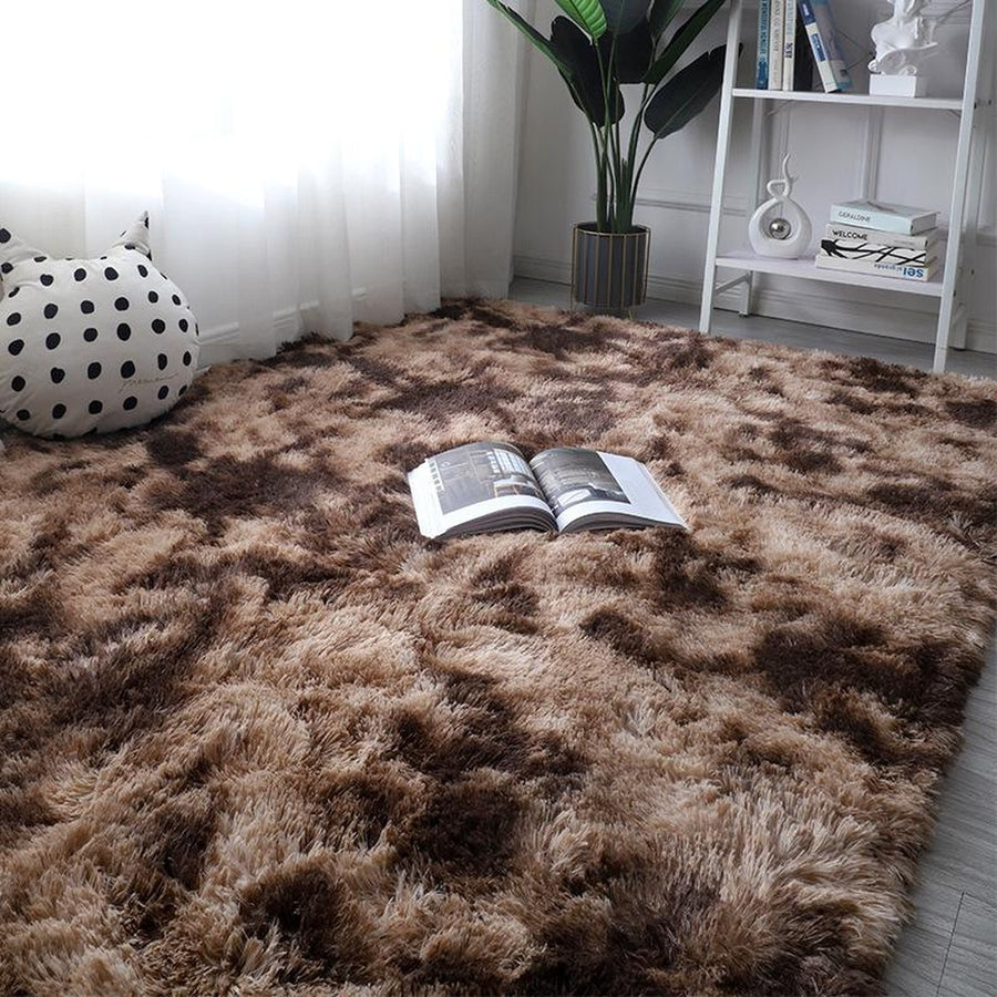 Coffee brown tie-dye long-pile rug with open book