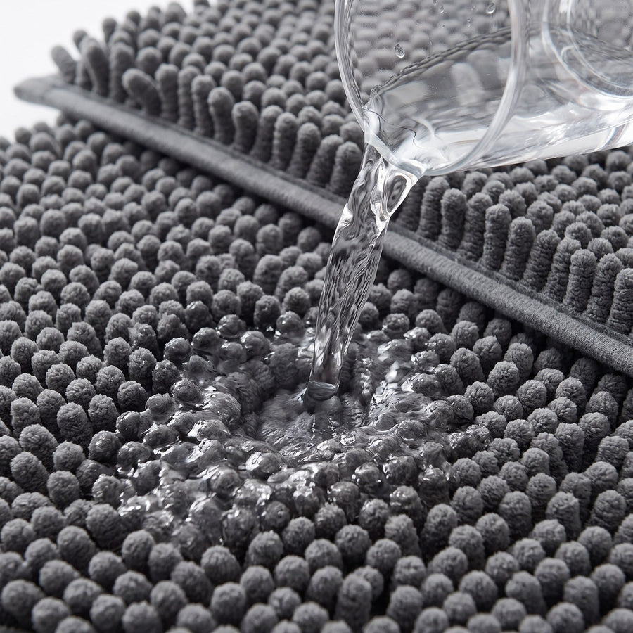 Water poured on the chenille mat gets soaked up between the loops