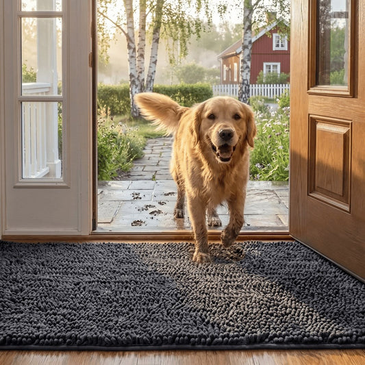 Dark gray absorbent hallway mat with a dog by the door