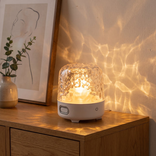 Havie Lamp with white base glowing on an oak sideboard, casting water-ripple light on the wall