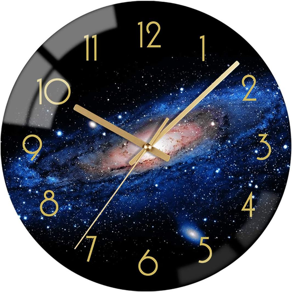 Galaxy style wall clock hanging on a wall