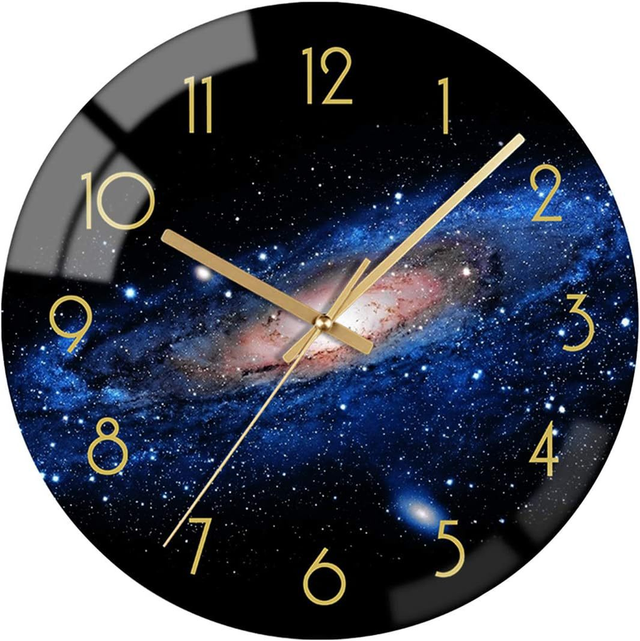 Galaxy style wall clock hanging on a wall