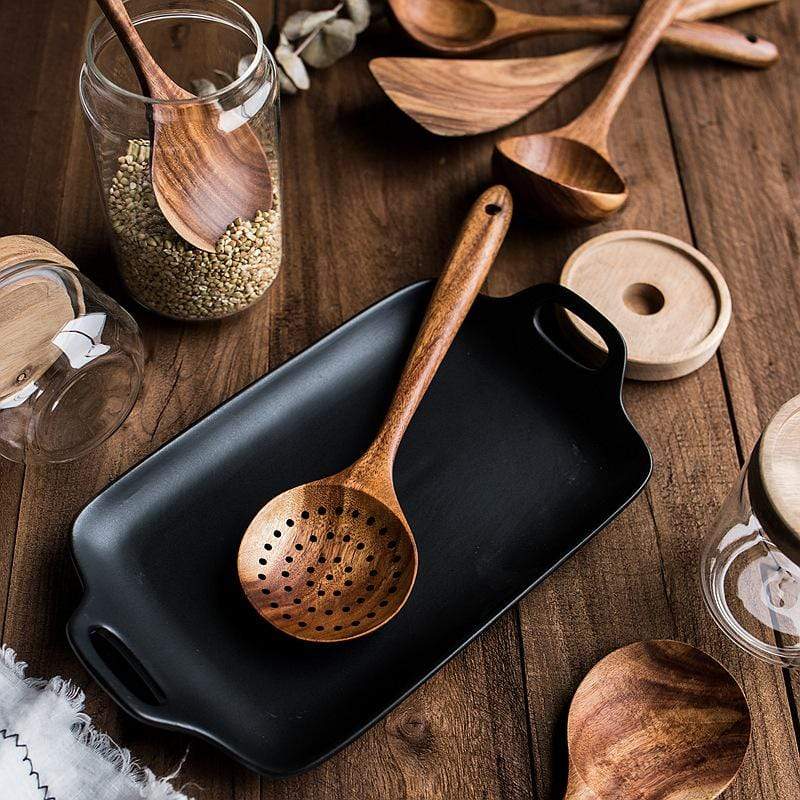 Close-up view of wooden kitchen tools