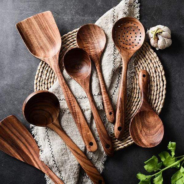 Detail shot showing the wood grain of the utensils