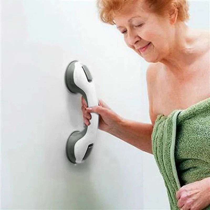Side view of the white grab bar showing its curved design
