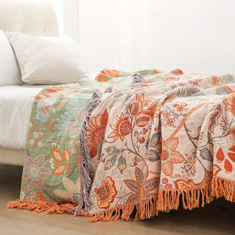 Rustic bohemian floral throw blanket folded neatly