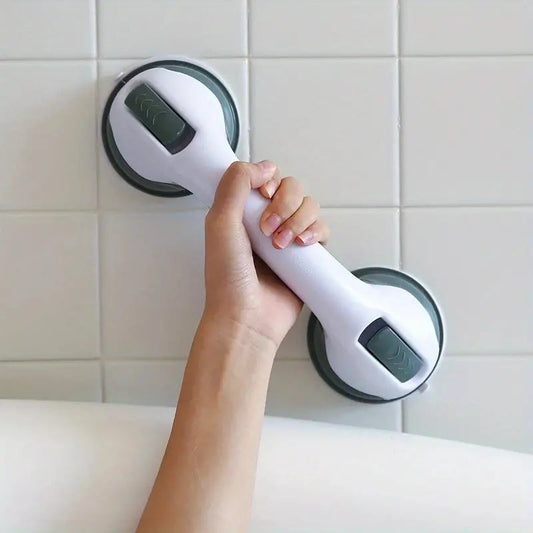 White secure handle grab bar mounted on a bathroom wall