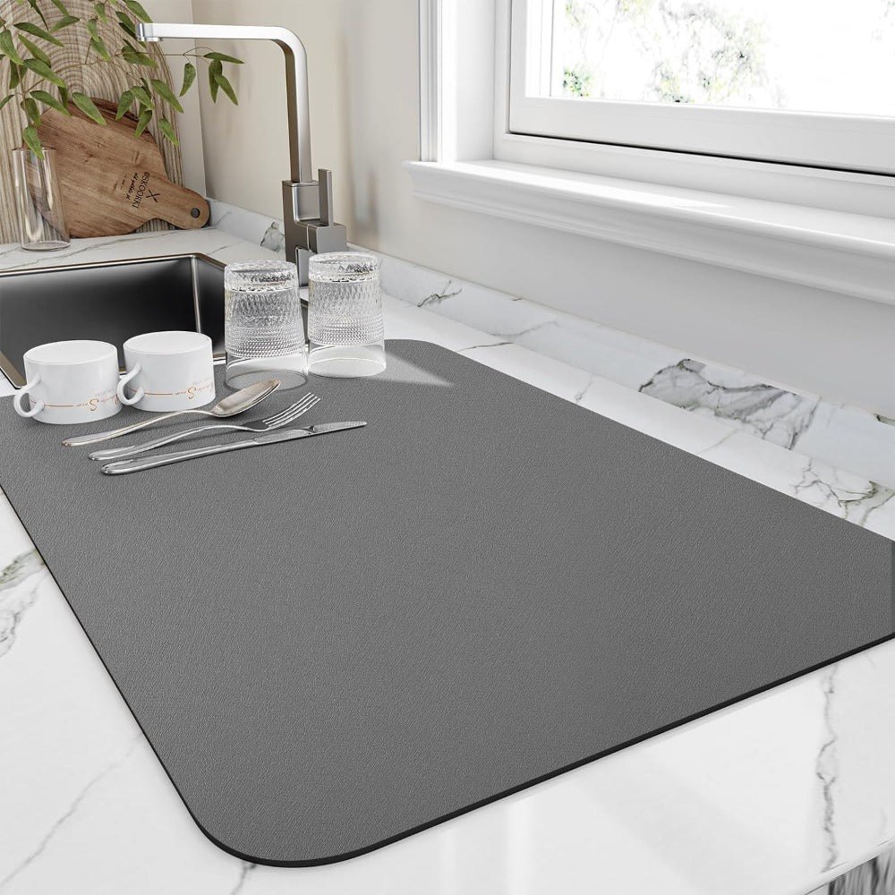 Quick-dry kitchen dish mat laid out on the floor