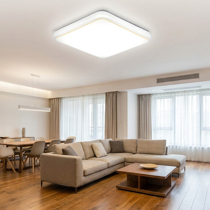 Modern square LED ceiling light in a bright living room