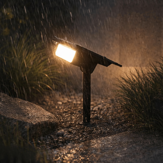 Waterproof solar spotlight in the rain on a garden path with warm LED light