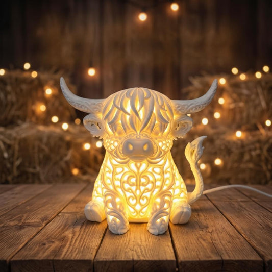 Decorative highland cow table lamp with a warm glow in a rustic setting