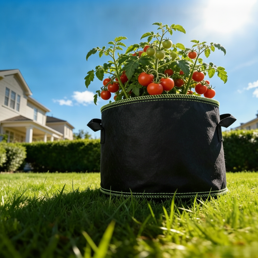 Fabric grow bag with a tomato plant on a lawn