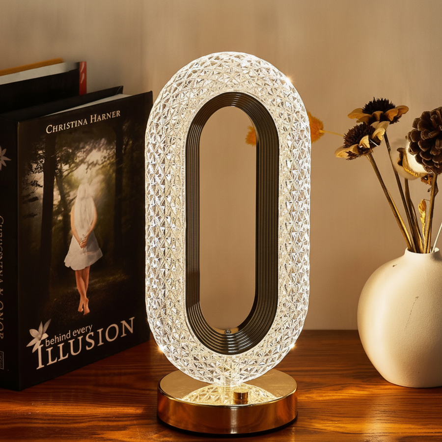 LED crystal lamp displayed as decor on a bookshelf