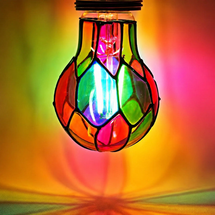 Two decorative leaded glass LED bulbs displayed side by side