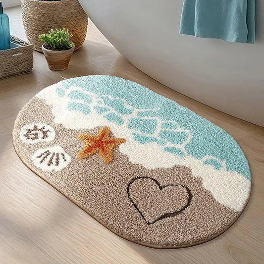 Soft bath mat with ocean-inspired pattern on wood floor beside a bathtub