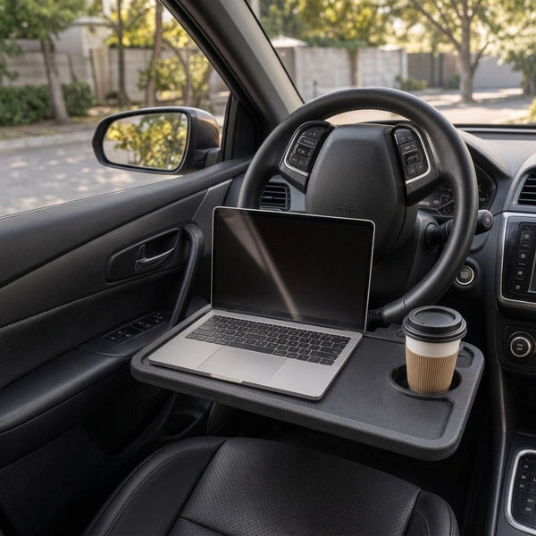 Steering wheel desk in a car with a laptop and coffee cup