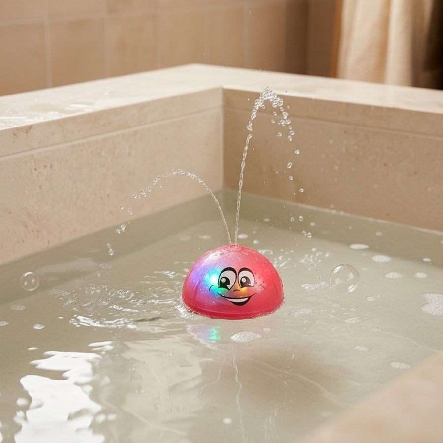 Red water toy floating in a bathtub with LED lights