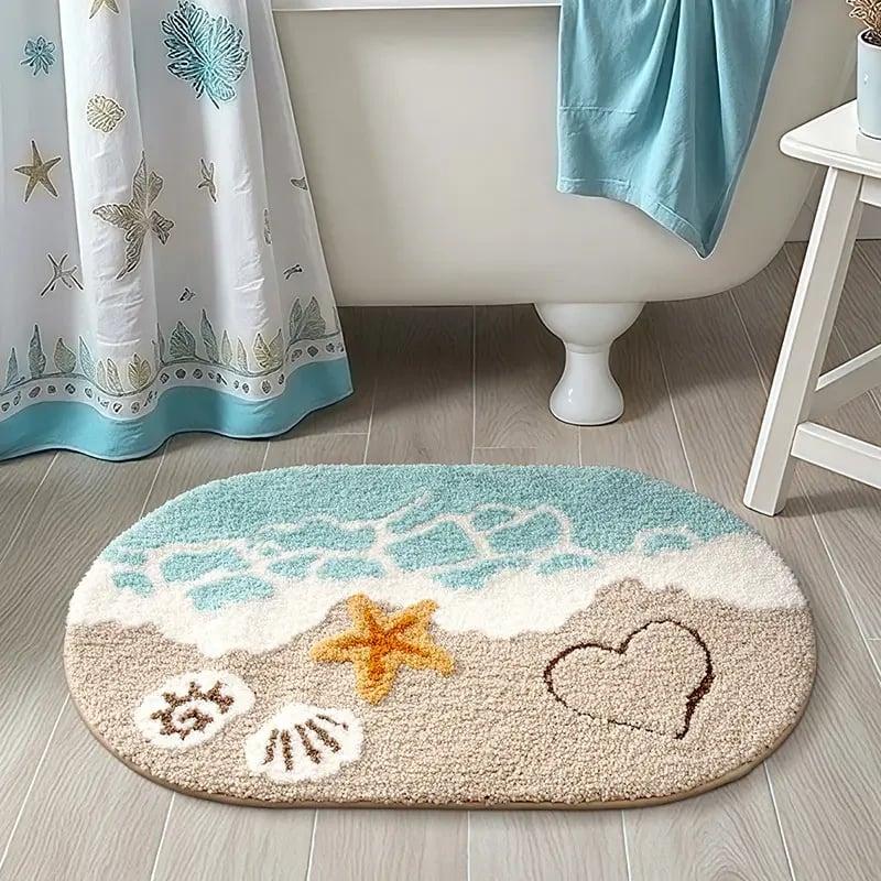 Soft ocean-pattern bath mat in a bathroom with a shower curtain