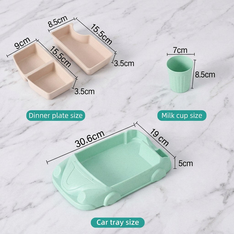 Measurements of the car-shaped plate, inserts, and cup for kids