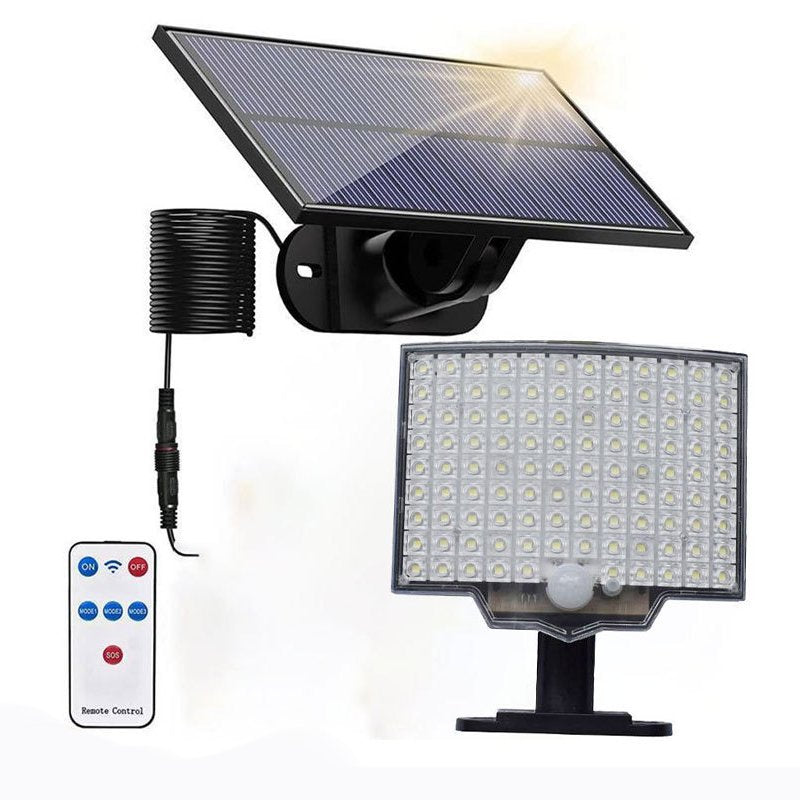 Complete solar light set with remote control and cable.