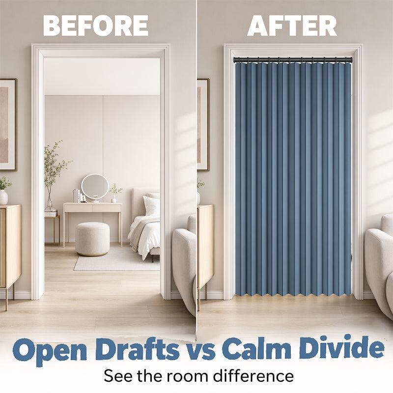 Before and after showing open doorway versus doorway with curtain