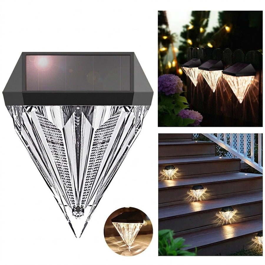 Diamond-design solar light shown in detail mounted on stairs