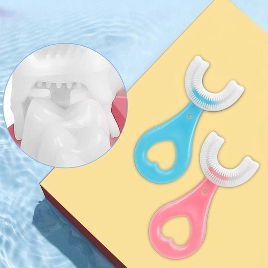 U-shaped kids' toothbrush with heart handle in blue and pink