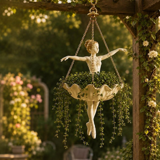 Hanging ballerina planter in a garden with cascading green plants