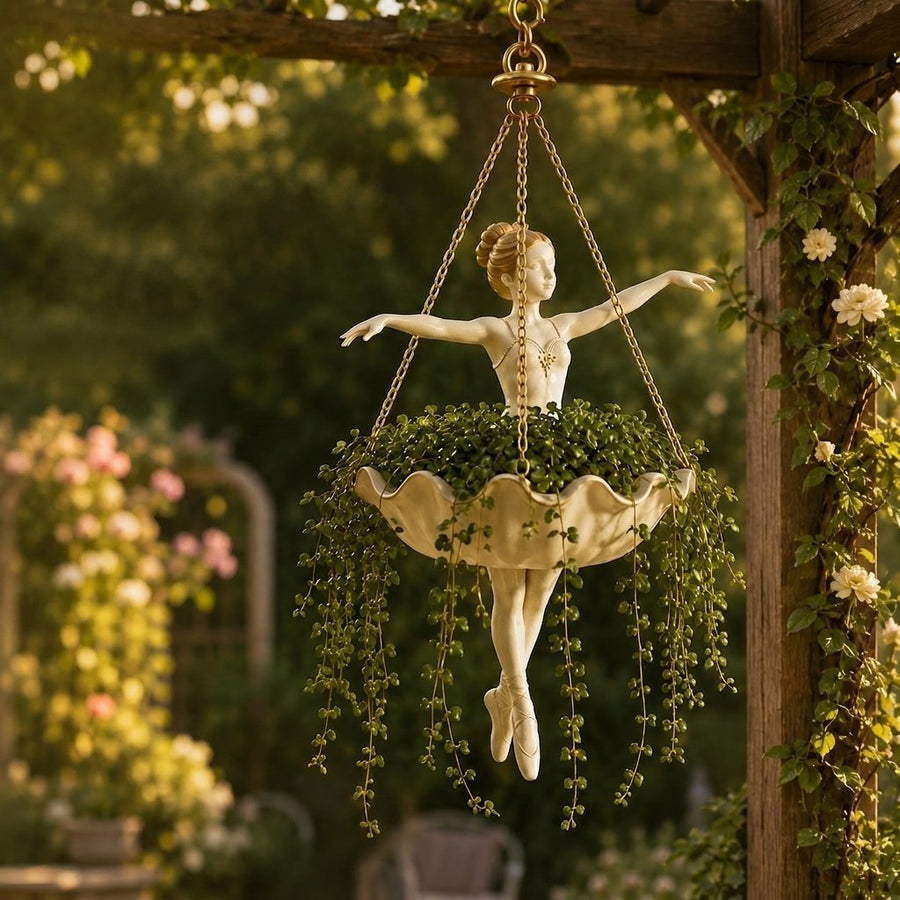 Hanging ballerina planter in a garden with cascading green plants