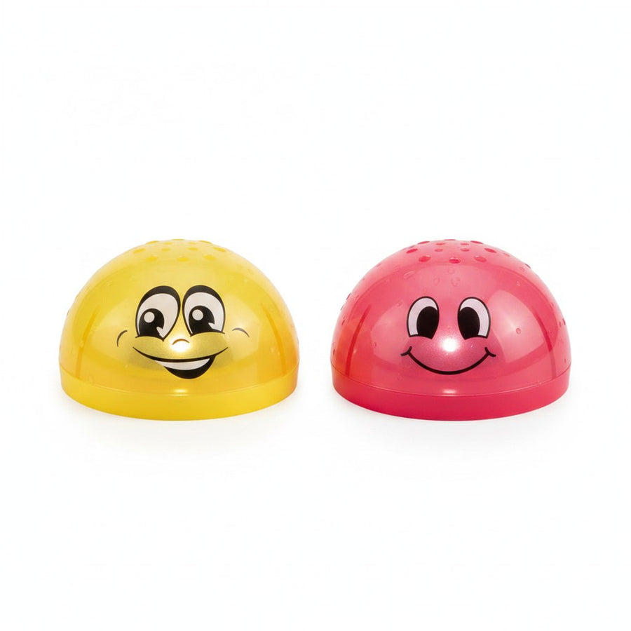 Yellow and red water toys with smiley faces