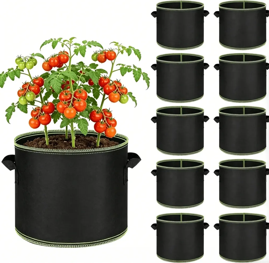 Five-pack of grow bags with ripe tomatoes