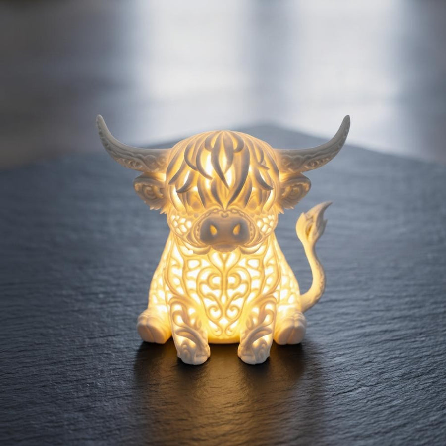 Highland cow table lamp with LED glow on a dark surface