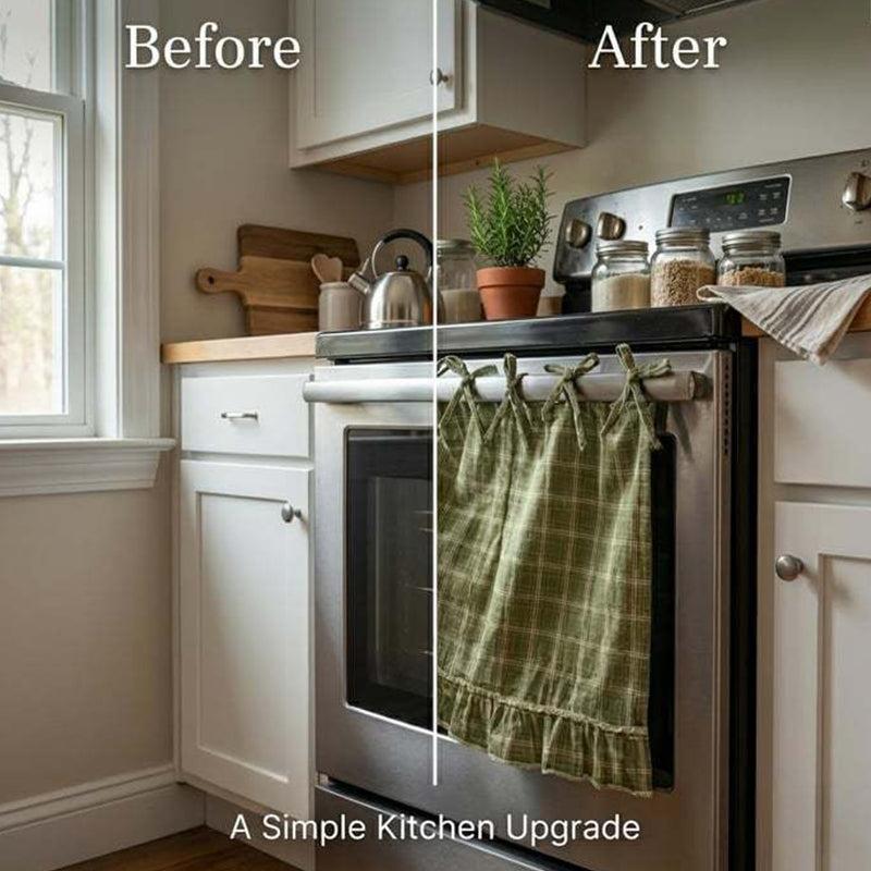 Before and after kitchen oven door with plaid ruffle skirt installed