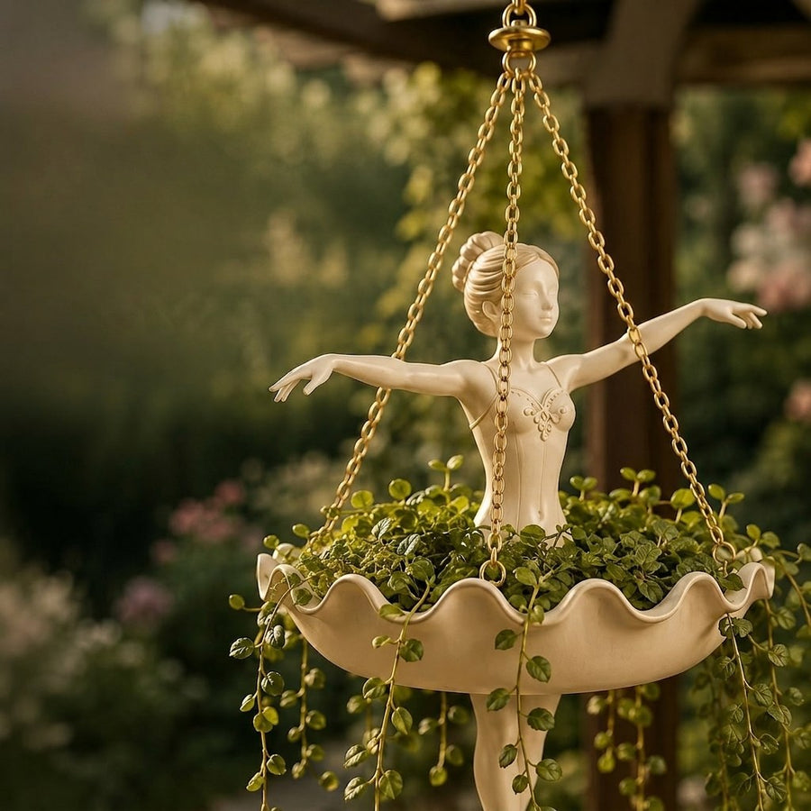 Close-up of the ballerina sculpture with resin details and gold chains