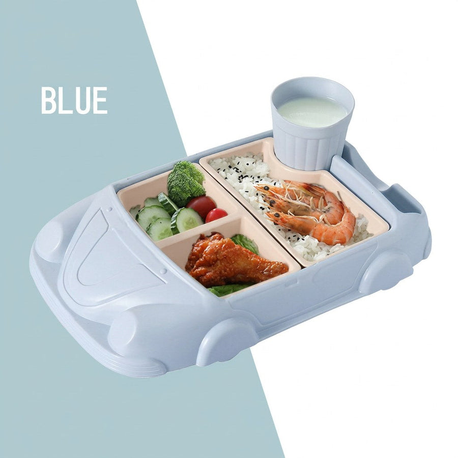 Blue car-shaped kids meal set with food in the inserts
