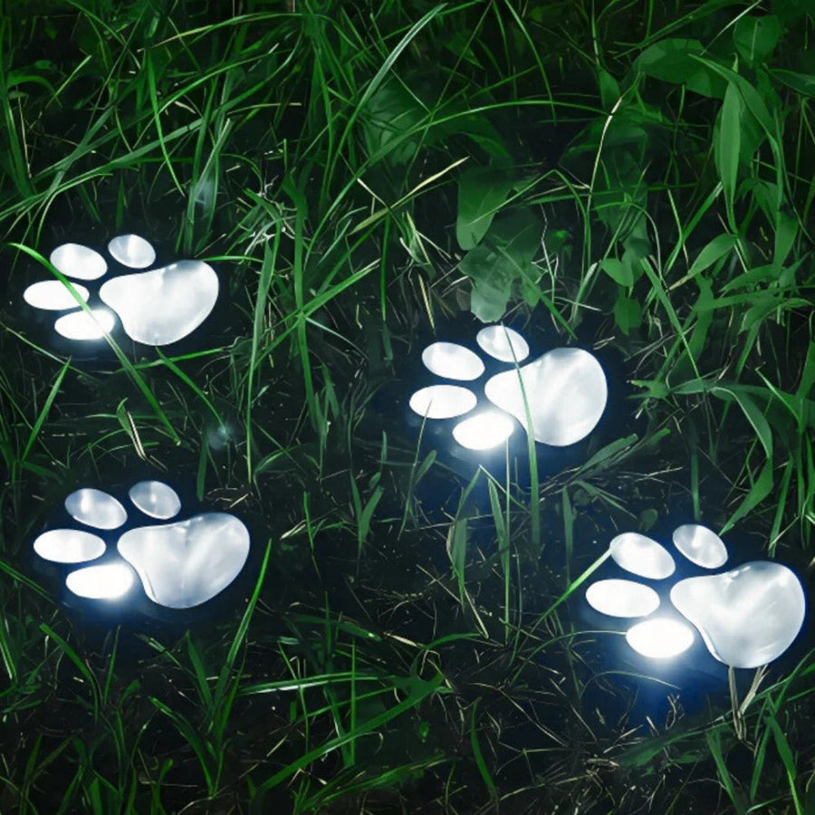 Cool white paw lights glowing in dark grass, solar garden lights