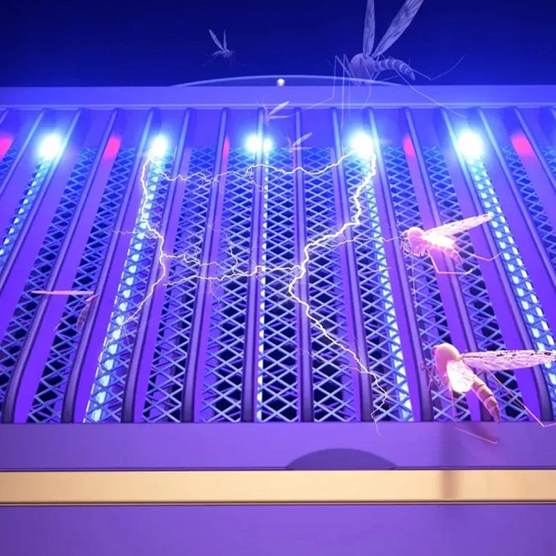 Close-up of electric grid and UV light attracting mosquitoes with blue-violet glow