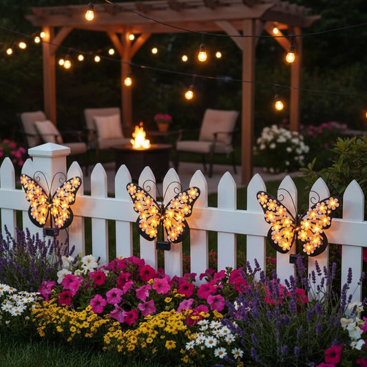 Three solar butterflies on a white fence at sunset