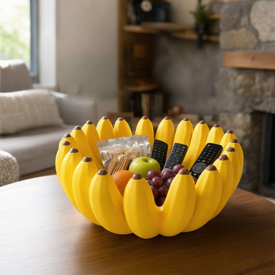 Banana-shaped fruit bowl displayed on a coffee table in a living room